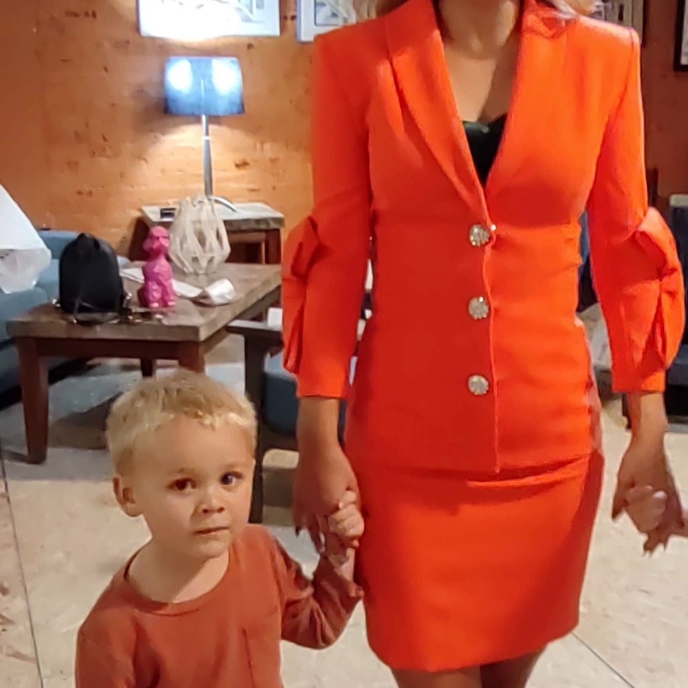 JOVANI Bright Orange Blazer and Skirt Set